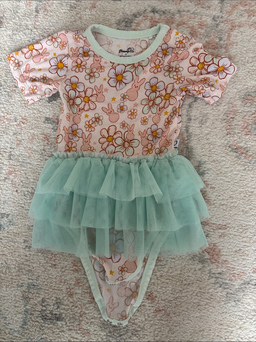 Baby Girls Pink Floral & Mint Tulle One-Piece Bodysuit
